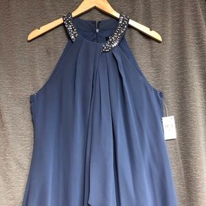 NWT SLNY fashions New York 12 petite halter top Wedgewood blue chiffon dress